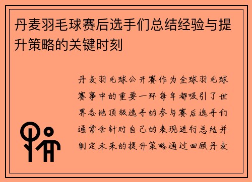 丹麦羽毛球赛后选手们总结经验与提升策略的关键时刻