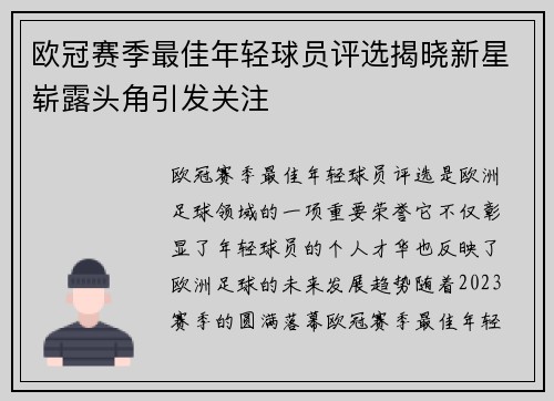 欧冠赛季最佳年轻球员评选揭晓新星崭露头角引发关注