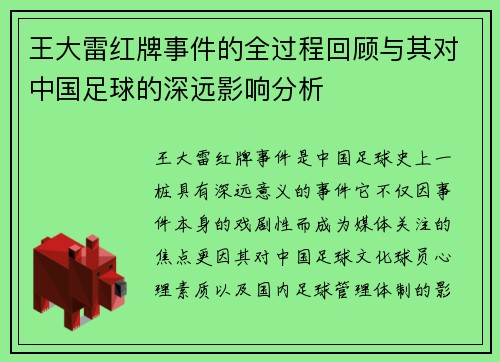 王大雷红牌事件的全过程回顾与其对中国足球的深远影响分析